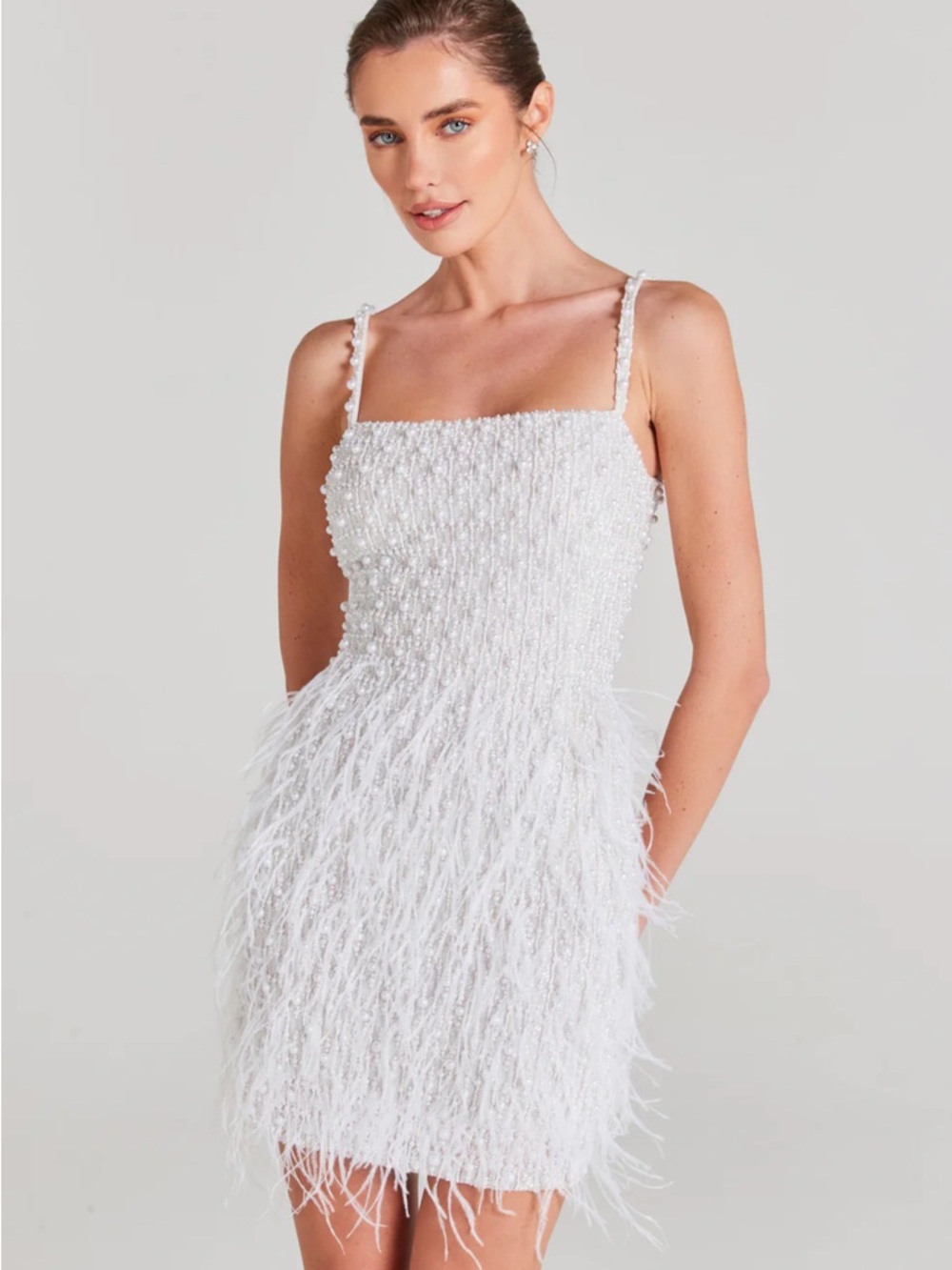 NADINE MERABI “Carrie” White Beaded Feather-Trim Mini Dress